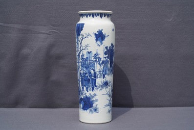 A fine Chinese blue and white sleeve vase with figural design all-round, Transitional period